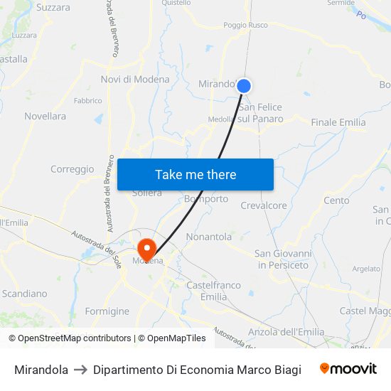 Mirandola to Dipartimento Di Economia Marco Biagi map