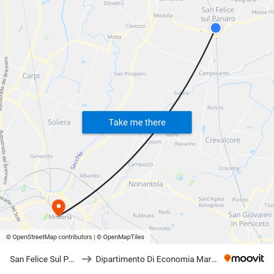 San Felice Sul Panaro to Dipartimento Di Economia Marco Biagi map