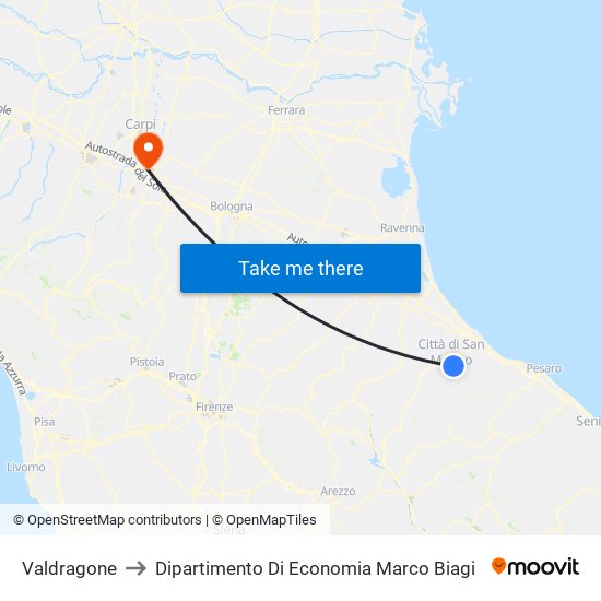 Valdragone to Dipartimento Di Economia Marco Biagi map