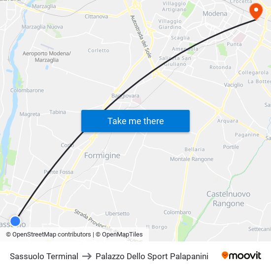 Sassuolo Terminal to Palazzo Dello Sport Palapanini map