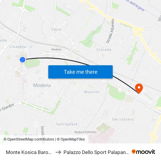 Monte Kosica Barozzi to Palazzo Dello Sport Palapanini map