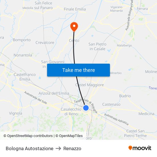 Bologna Autostazione to Renazzo map