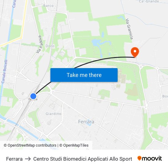 Ferrara to Centro Studi Biomedici Applicati Allo Sport map