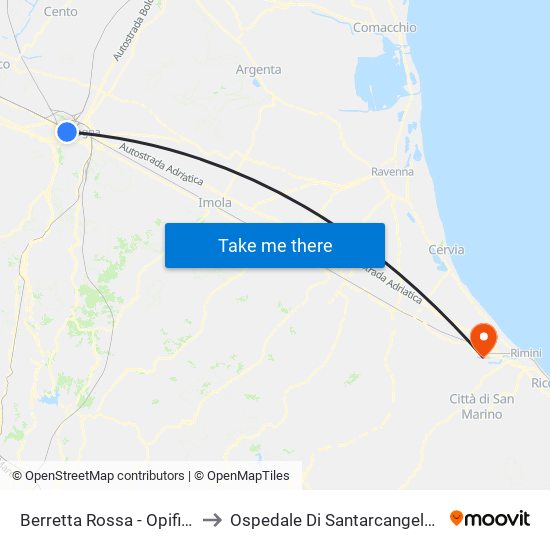 Berretta Rossa - Opificio Golinelli to Ospedale Di Santarcangelo Di Romagna map