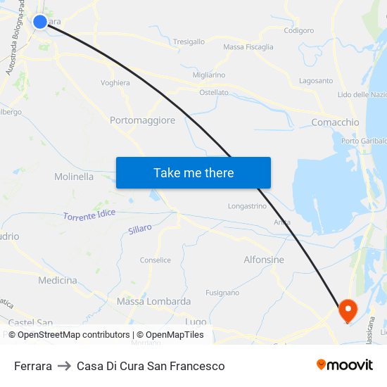 Ferrara to Casa Di Cura San Francesco map