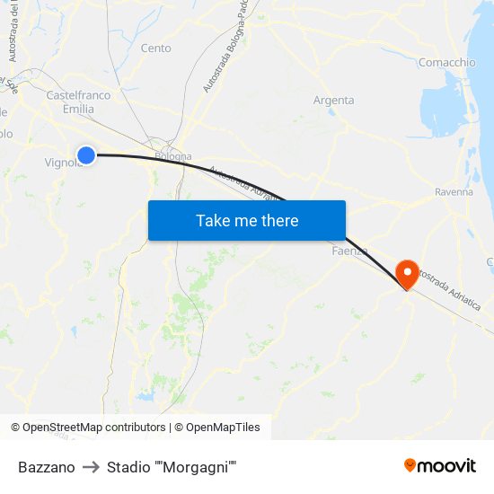 Bazzano to Stadio ""Morgagni"" map