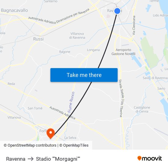 Ravenna to Stadio ""Morgagni"" map