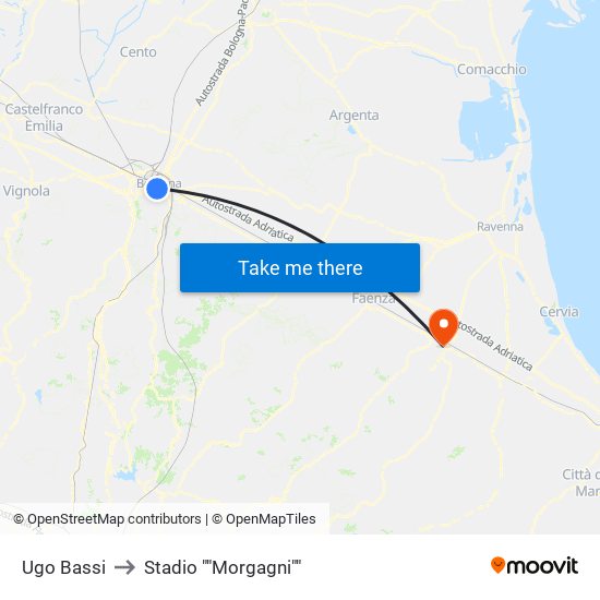 Ugo Bassi to Stadio ""Morgagni"" map