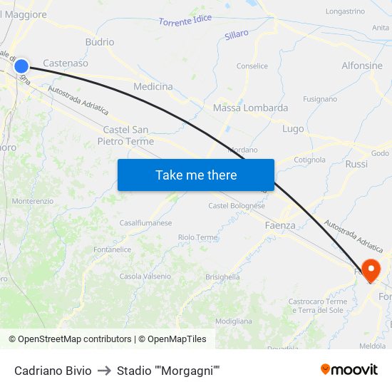 Cadriano Bivio to Stadio ""Morgagni"" map