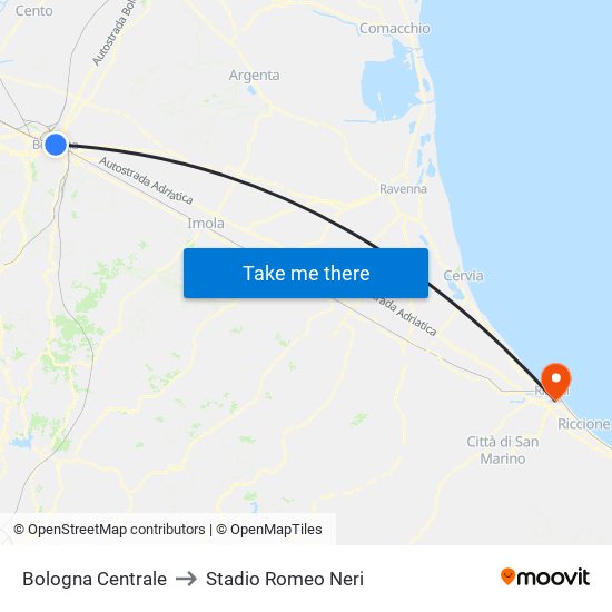 Bologna Centrale to Stadio Romeo Neri map