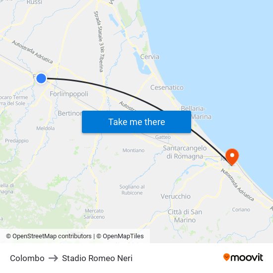 Colombo to Stadio Romeo Neri map