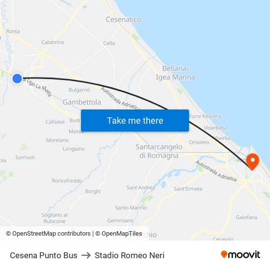 Cesena Punto Bus to Stadio Romeo Neri map