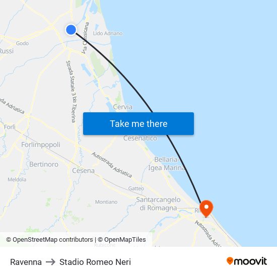 Ravenna to Stadio Romeo Neri map