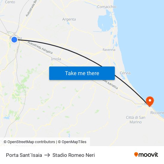 Porta Sant`Isaia to Stadio Romeo Neri map