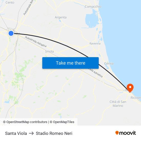 Santa Viola to Stadio Romeo Neri map