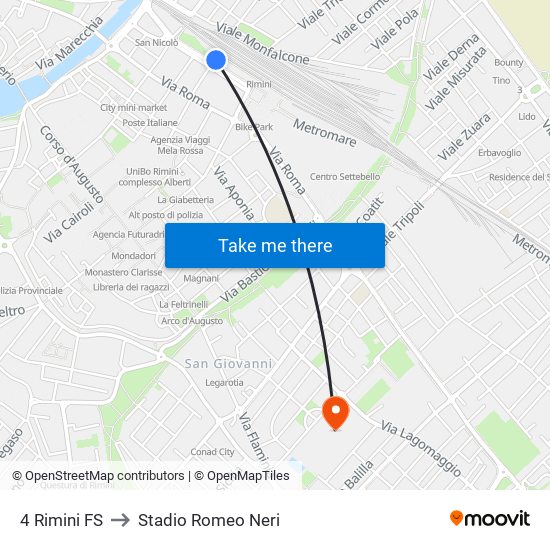 4 Rimini FS to Stadio Romeo Neri map