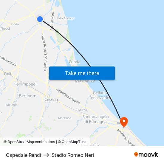 Ospedale Randi to Stadio Romeo Neri map