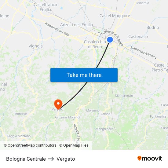 Bologna Centrale to Vergato map