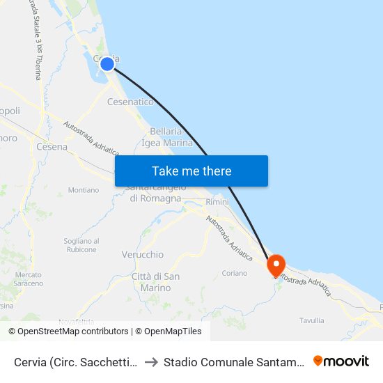 Cervia (Circ. Sacchetti Est) to Stadio Comunale Santamonica map