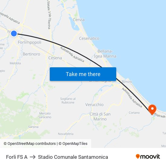 Forli FS A to Stadio Comunale Santamonica map
