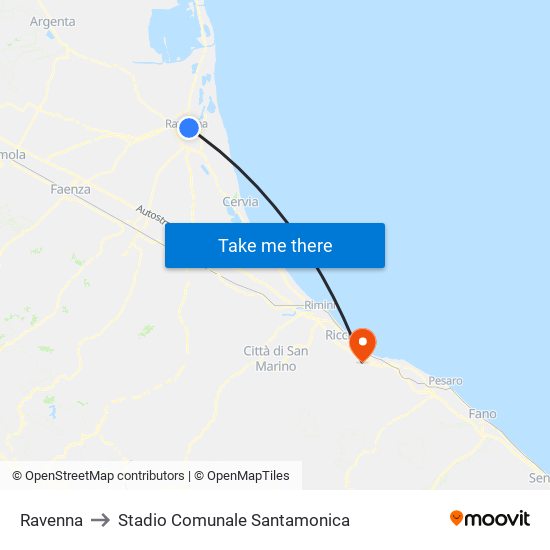 Ravenna to Stadio Comunale Santamonica map