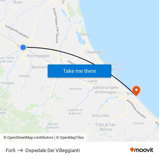 Forlì to Ospedale Dei Villeggianti map