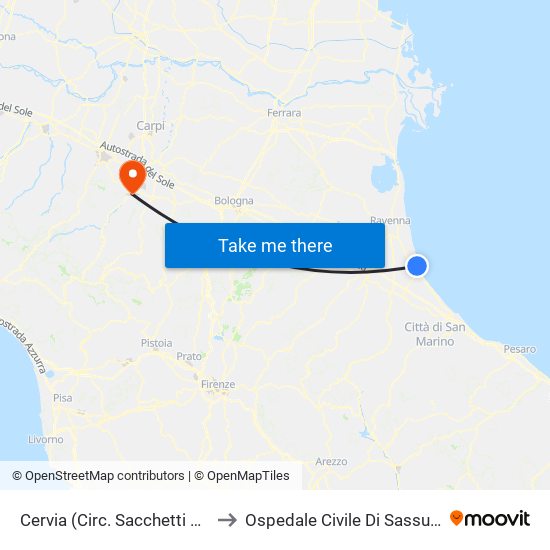Cervia (Circ. Sacchetti Est) to Ospedale Civile Di Sassuolo map
