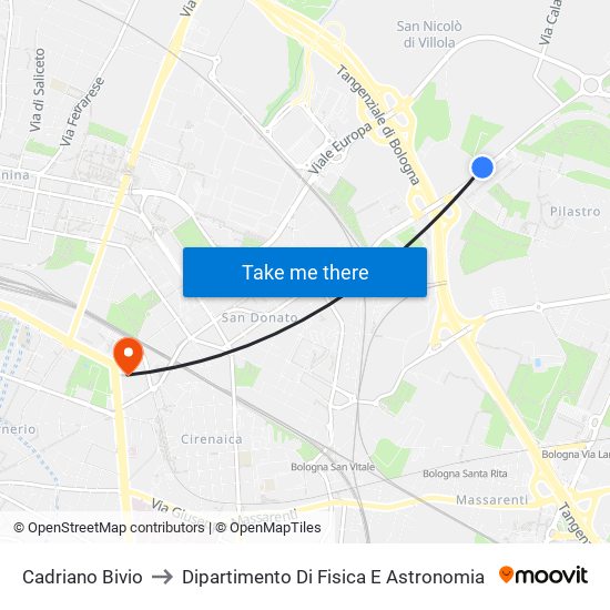 Cadriano Bivio to Dipartimento Di Fisica E Astronomia map