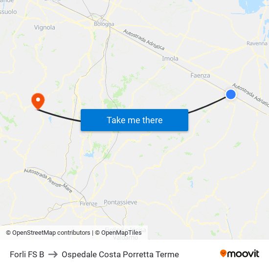 Forli FS B to Ospedale Costa Porretta Terme map