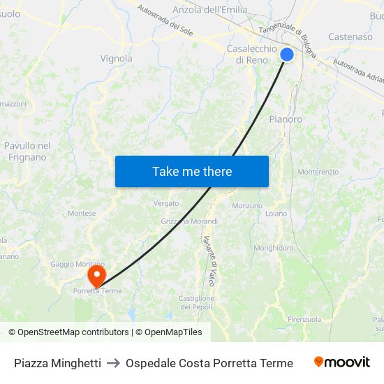 Piazza Minghetti to Ospedale Costa Porretta Terme map