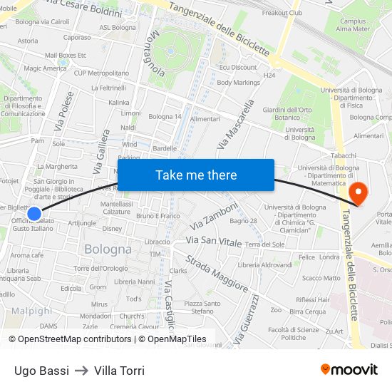 Ugo Bassi to Villa Torri map