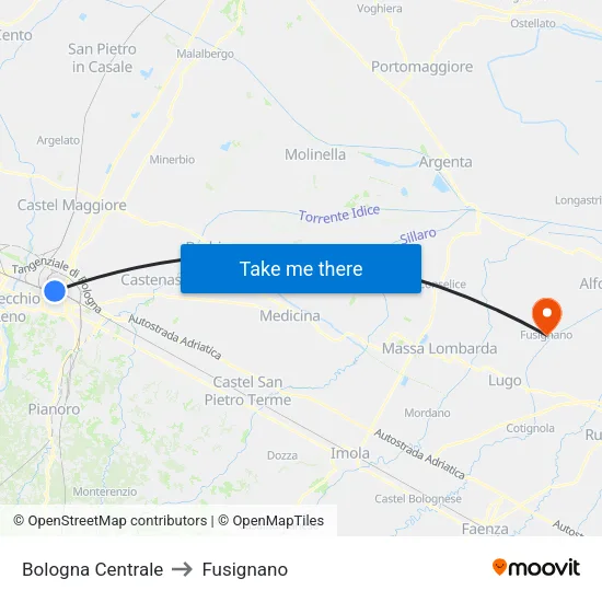 Bologna Centrale to Fusignano map