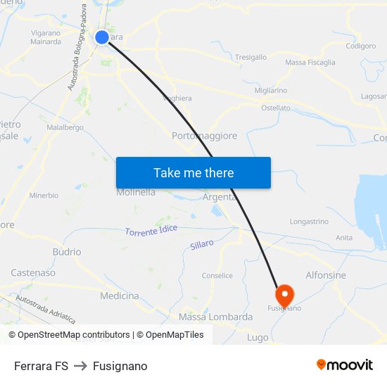 Ferrara FS to Fusignano map
