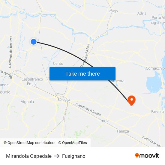 Mirandola Ospedale to Fusignano map