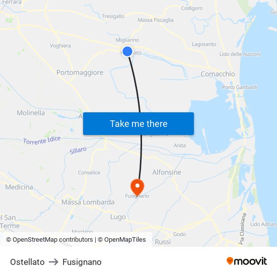 Ostellato to Fusignano map