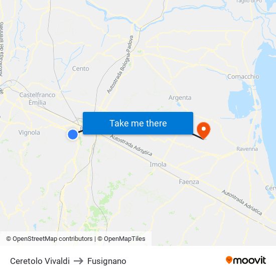 Ceretolo Vivaldi to Fusignano map