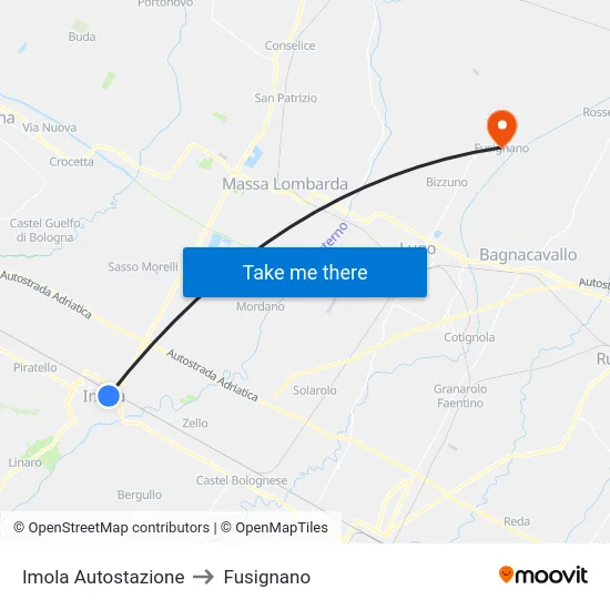 Imola Autostazione to Fusignano map