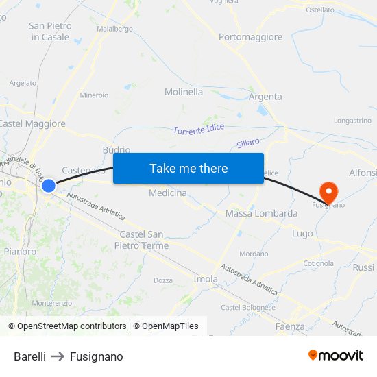 Barelli to Fusignano map