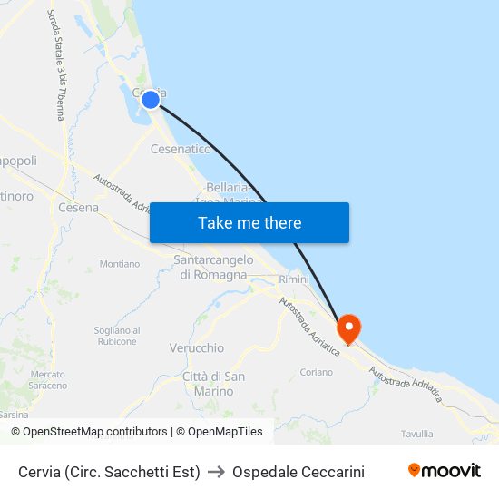 Cervia (Circ. Sacchetti Est) to Ospedale Ceccarini map