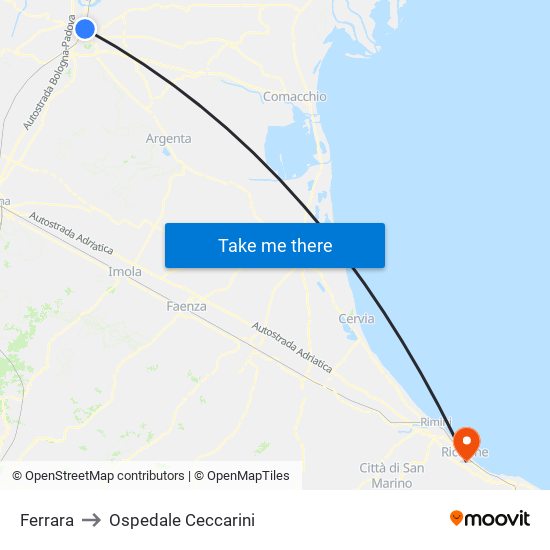 Ferrara to Ospedale Ceccarini map