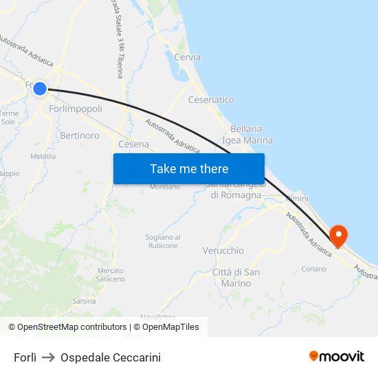 Forlì to Ospedale Ceccarini map