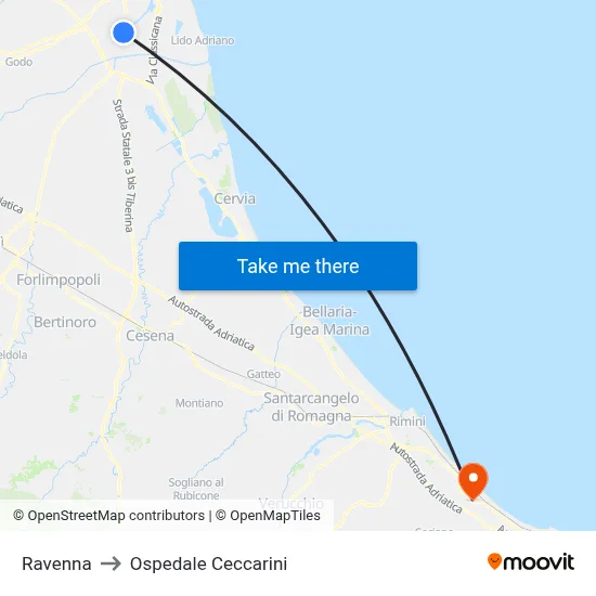 Ravenna to Ospedale Ceccarini map