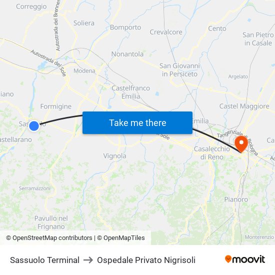 Sassuolo Terminal to Ospedale Privato Nigrisoli map