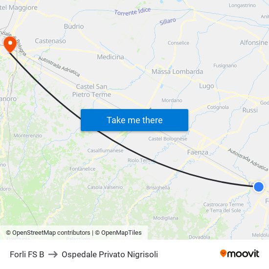 Forli FS B to Ospedale Privato Nigrisoli map