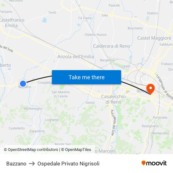 Bazzano to Ospedale Privato Nigrisoli map