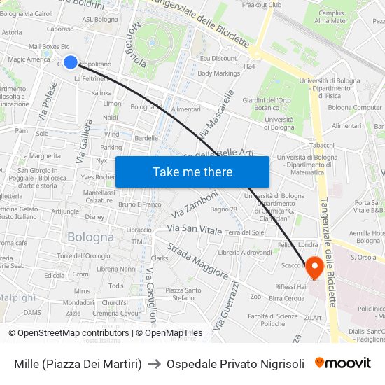 Mille (Piazza Dei Martiri) to Ospedale Privato Nigrisoli map