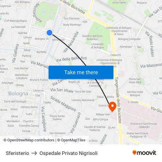 Sferisterio to Ospedale Privato Nigrisoli map