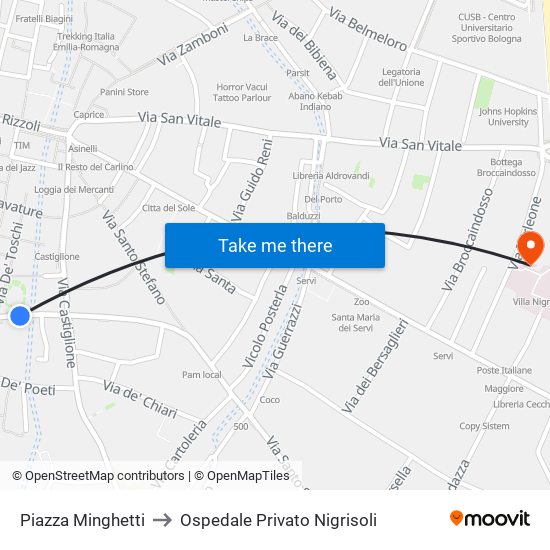 Piazza Minghetti to Ospedale Privato Nigrisoli map