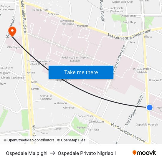 Ospedale Malpighi to Ospedale Privato Nigrisoli map