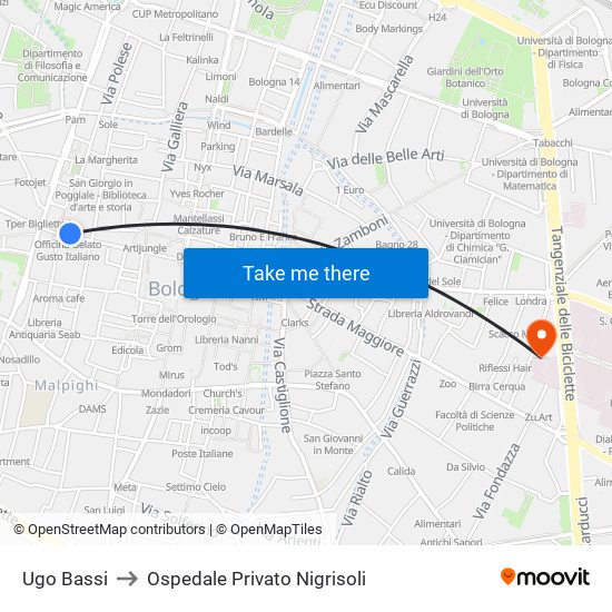 Ugo Bassi to Ospedale Privato Nigrisoli map